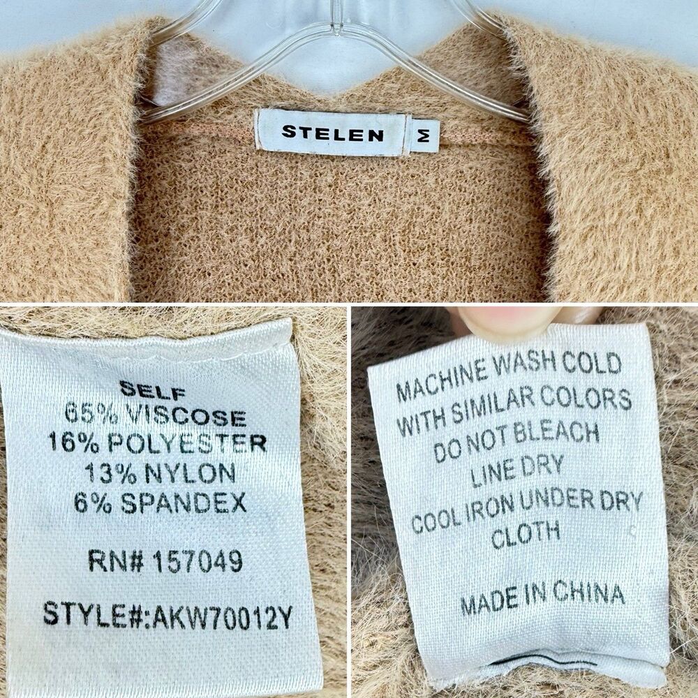 STELEN Fuzzy Knit Long Cardigan Sweater Camel Tan Open Front Slouchy Womens Sz M - Picture 9 of 16